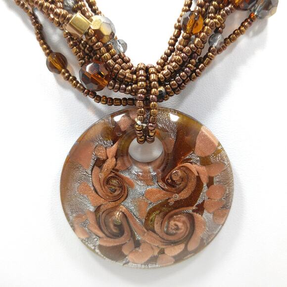 Murano Glass Pendant Beaded Necklace, Bronze Copper Glass, Seed Beads - Picture 2 of 10